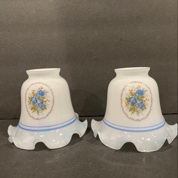 Source Unknown Other - Pair Vintage Milk White Blue Floral Frosted Glass Light Lamp Shade Bell Ruffled